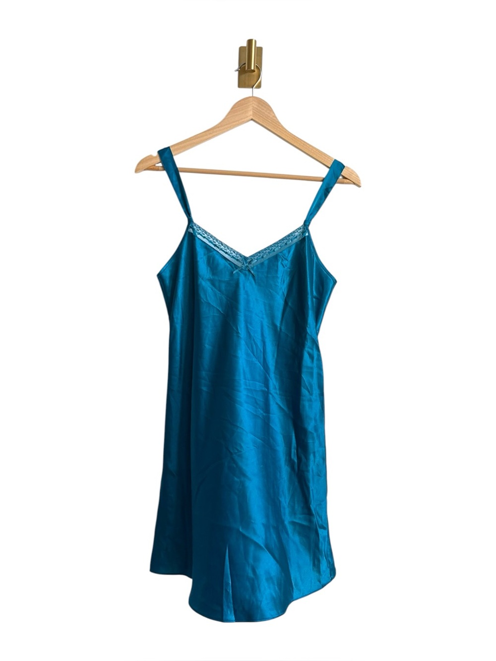 Morgan Taylor Teal Satin Slip Dress Lace Trim Mini Nightgown Women's S